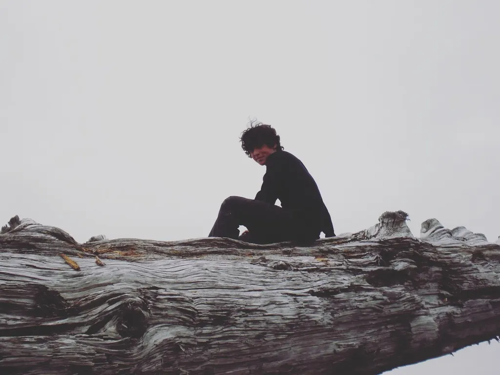 A young person sitting on a weathered driftwood log under a soft, overcast sky.